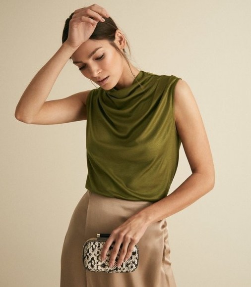 REISS LOLA HIGH NECK SLEEVELESS TOP OLIVE ~ chic draped tops - flipped