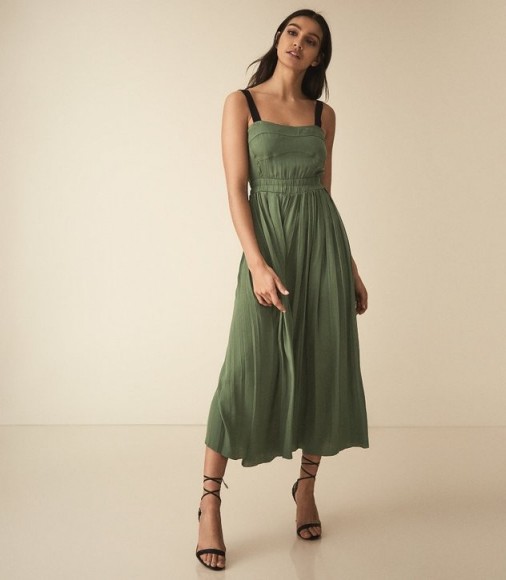 REISS LUELLA PLEATED MIDI DRESS GREEN ~ summer event fit and flare