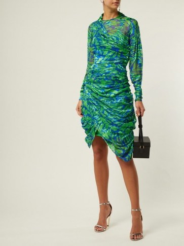 PREEN BY THORNTON BREGAZZI Lynn devoré silk-blend dress in green ~ ruched design ~ asymmetric hemline - flipped