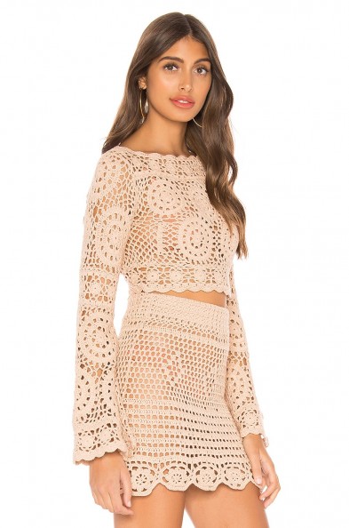 MAJORELLE Harvest Crop Top in Sand | scalloped knitted fashion