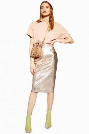 TOPSHOP Metallic Leather Pencil Skirt in Champagne / shiny skirts