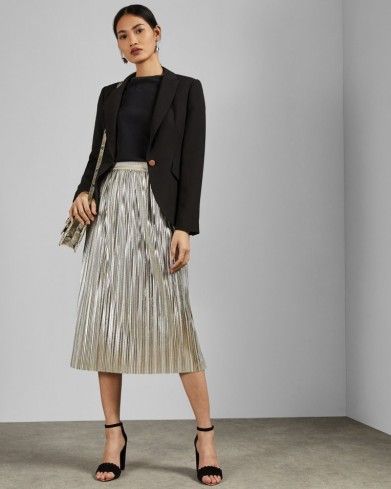 TED BAKER ARIIANA Metallic pleated midi skirt in light grey | shiny skirts