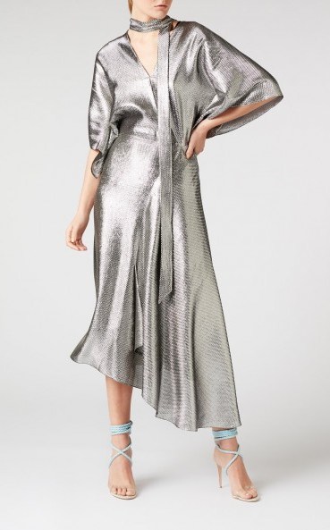 ROLAND MOURET MEYERS DRESS IN SILVER – slinky asymmetric dresses – fluid fabrics - flipped