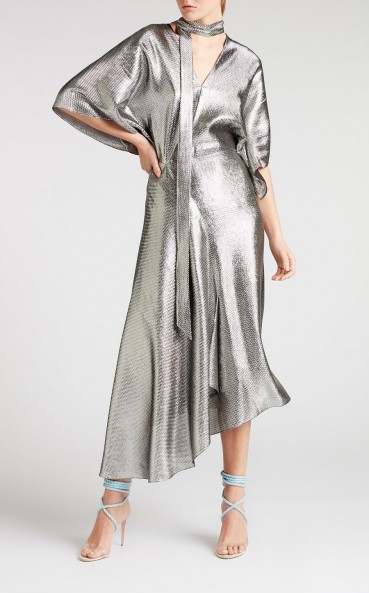 ROLAND MOURET MEYERS DRESS IN SILVER – slinky asymmetric dresses – fluid fabrics