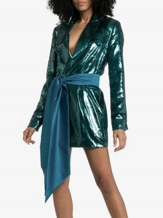 Michael Lo Sordo High-Shine Belted Blazer Dress in Petrol-Blue / vintage style evening fashion - flipped