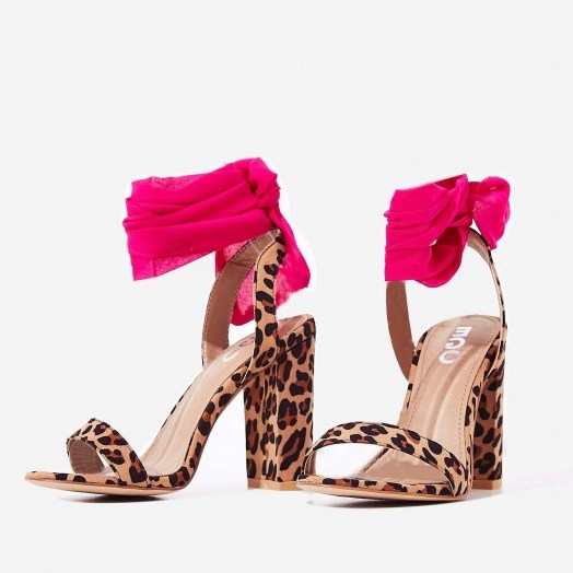 EGO Milan Ribbon Lace Up Block Heel In Tan Leopard Print Faux Suede ~ pink ankle ties - flipped