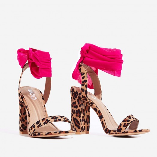 EGO Milan Ribbon Lace Up Block Heel In Tan Leopard Print Faux Suede ~ pink ankle ties