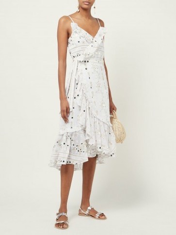 JULIET DUNN Mirror-embroidered ruffle cotton midi dress in white ~ thin strap vacation dresses - flipped