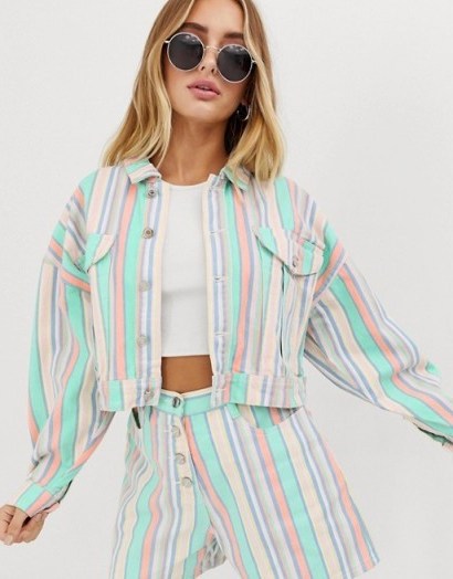 Missguided co-ord cropped oversized denim jacket in pastel stripe | multi striped jackets - flipped