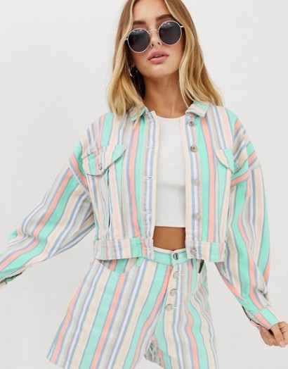 Missguided co-ord cropped oversized denim jacket in pastel stripe | multi striped jackets