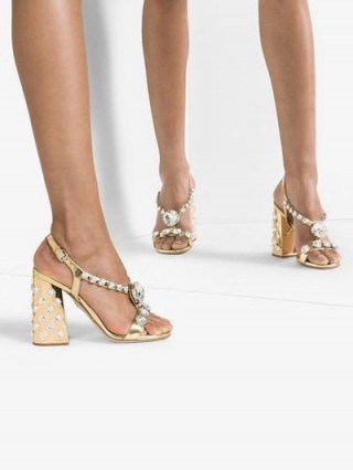 Miu Miu Metallic Gold 105 Crystal Embellished Patent Leather Sandals / luxe glamour - flipped
