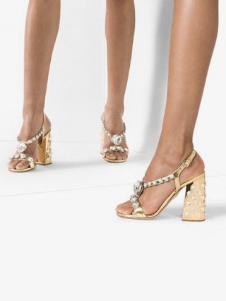 Miu Miu Metallic Gold 105 Crystal Embellished Patent Leather Sandals / luxe glamour