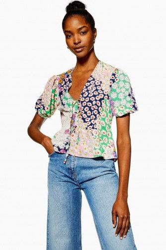 TOPSHOP Mixed Floral Double Tie Top. MULTI PRINTED BLOUSE - flipped