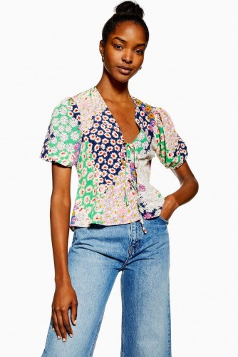 TOPSHOP Mixed Floral Double Tie Top. MULTI PRINTED BLOUSE