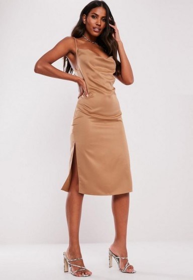 MISSGUIDED mocha cowl front cami midi dress – brown silky slip dresses - flipped