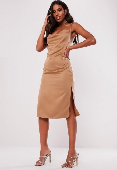 MISSGUIDED mocha cowl front cami midi dress – brown silky slip dresses