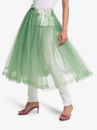 Molly Goddard Lettie High-Waisted Gathered Tulle Skirt / sheer green gingham skirts - flipped
