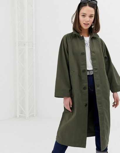 Monki oversized lightweight coat in khaki | green coats for spring - flipped