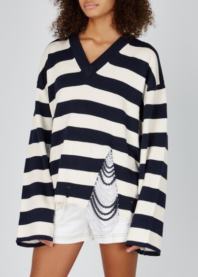 MONSE Striped wool-blend faux pearl embellished jumper in ivory and navy - flipped