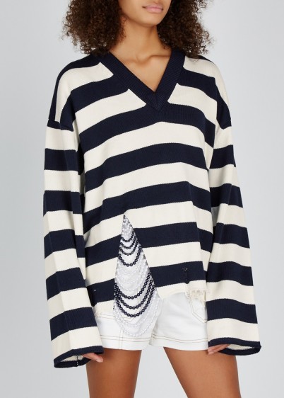 MONSE Striped wool-blend faux pearl embellished jumper in ivory and navy