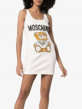 Moschino Teddybear Embroidered Sleeveless Mini Dress in White / designer tank dresses