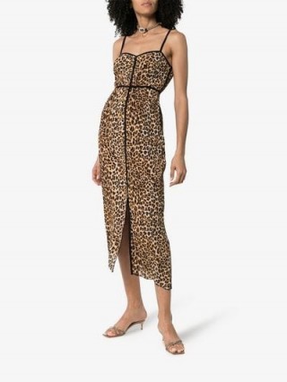 Nanushka Leopard Print Spaghetti Strap Midi Dress in Brown / thin cami straps / wild animal prints