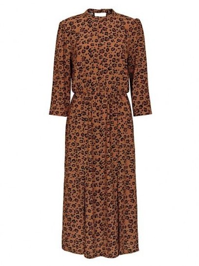 Oliver Bonas Natural Animal Print Tan Midi Dress / double front slit dresses - flipped