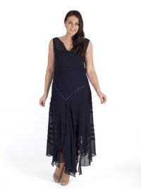 Chesca Direct Navy Cowl Neck Bead Stripy Trim Chiffon Dress | fabulous chiffon dress | soft owl neckline | handkerchief hemline