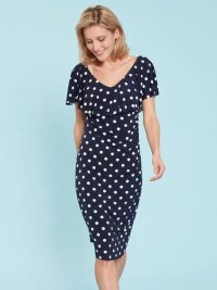Chesca Direct | Navy Spot Dress | elegant polka dot dress | soft jersey featuring frilled V neck