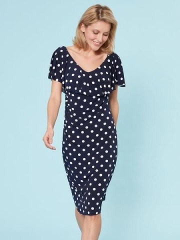 Chesca Direct | Navy Spot Dress | elegant polka dot dress | soft jersey featuring frilled V neck - flipped