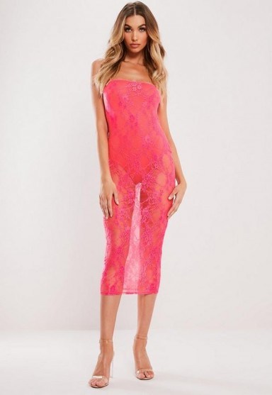 MISSGUIDED neon pink lace ruched midi dress ~ bright going out fashion - flipped