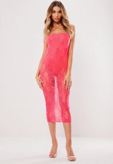 MISSGUIDED neon pink lace ruched midi dress ~ bright going out fashion