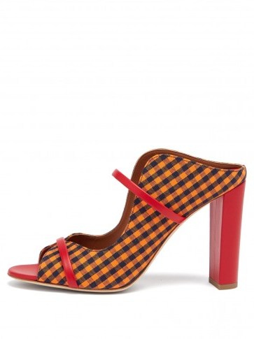 MALONE SOULIERS Nora gingham canvas and leather sandals in orange ~ checked mules - flipped