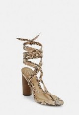 MISSGUIDED nude snake print wrap block heel sandals ~ strappy summer heels