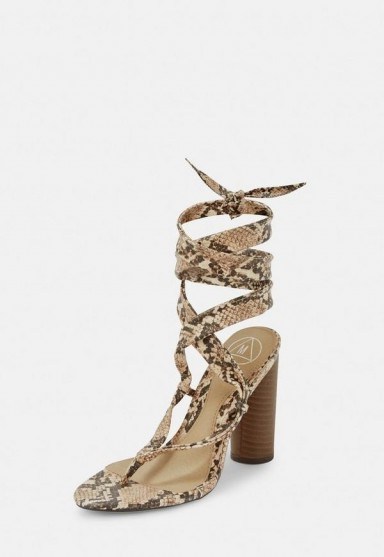 MISSGUIDED nude snake print wrap block heel sandals ~ strappy summer heels - flipped