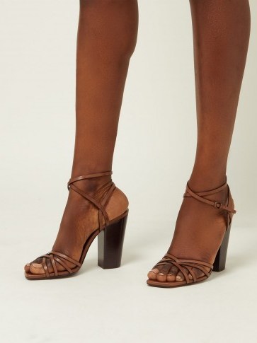 SAINT LAURENT Oak 100mm block-heel strappy leather sandals in tan ~ multi-strap summer heels - flipped