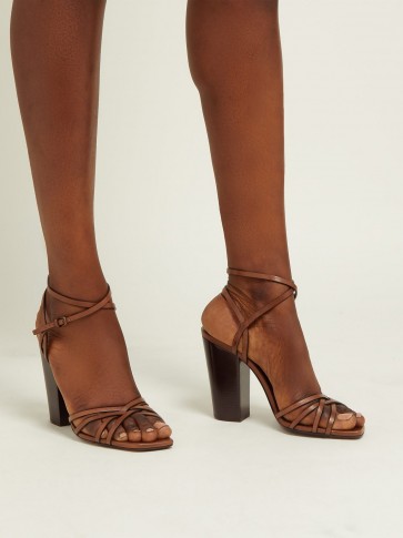 SAINT LAURENT Oak 100mm block-heel strappy leather sandals in tan ~ multi-strap summer heels