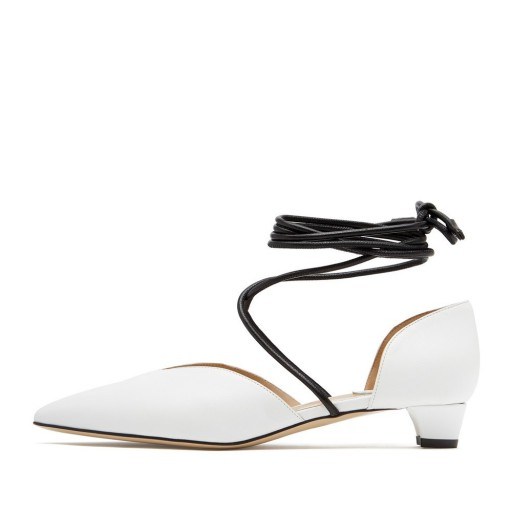 Paul Andrew ODYSSEY TIE-UP SHOES in White / Black | low heeled strappy spring pumps - flipped