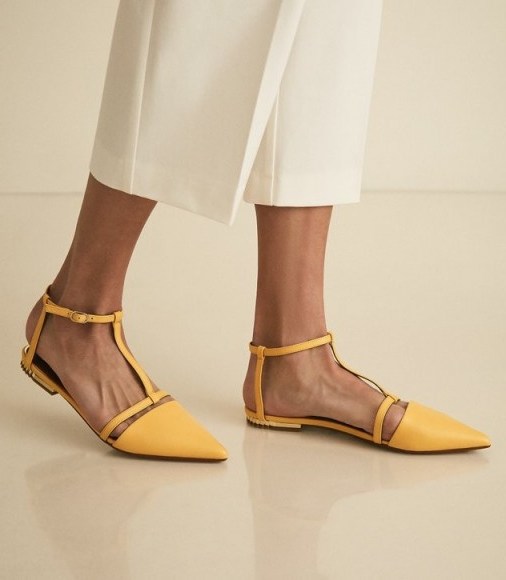 OLIVIA LEATHER T-BAR FLATS MARIGOLD | strappy yellow point toe flats - flipped