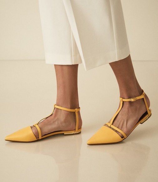 OLIVIA LEATHER T-BAR FLATS MARIGOLD | strappy yellow point toe flats
