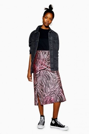 TOPSHOP Ombre Tiger Print Satin Bias Skirt in Pink - flipped