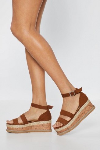 NASTY GAL On the Wedge Cork Faux Suede Sandals in Tan - flipped