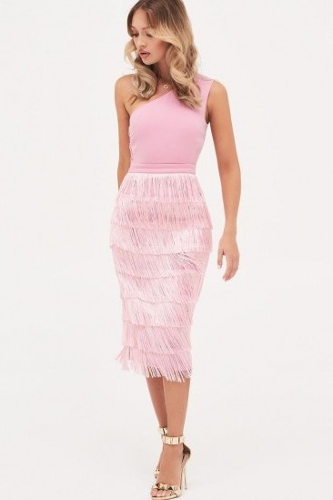 LAVISH ALICE one shoulder fringe midi dress in pink ~ fringed party dresses - flipped