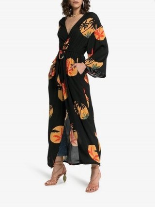 Onia Meika Palm Print Belted Maxi Dress in Black / long wrap dresses - flipped