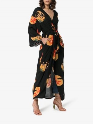 Onia Meika Palm Print Belted Maxi Dress in Black / long wrap dresses