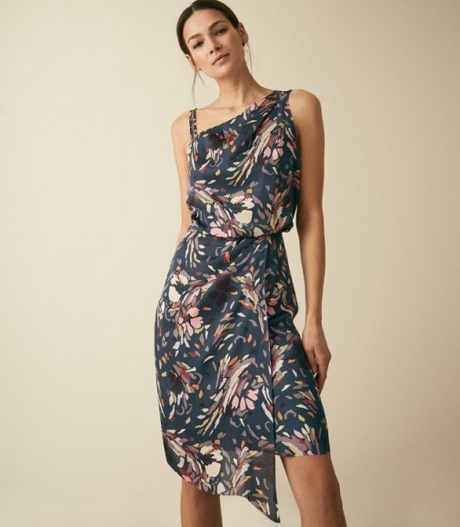 REISS OSTIA PRINTED ONE SHOULDER COCKTAIL DRESS MULTI BLUE ~ abstract print event dresses