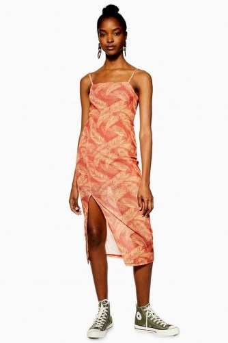 Topshop Palm Mesh Slip Dress in Rust | front slit cami dresses - flipped