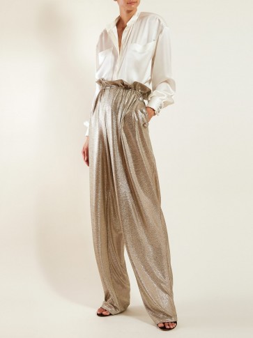BALMAIN Paperbag-waist gold lamé trousers / luxe evening pants