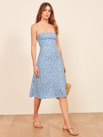 Reformation Peach Dress in Marie | blue floral skinny strap dresses - flipped
