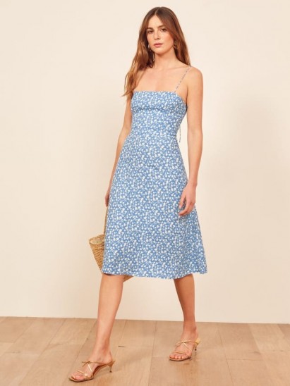 Reformation Peach Dress in Marie | blue floral skinny strap dresses